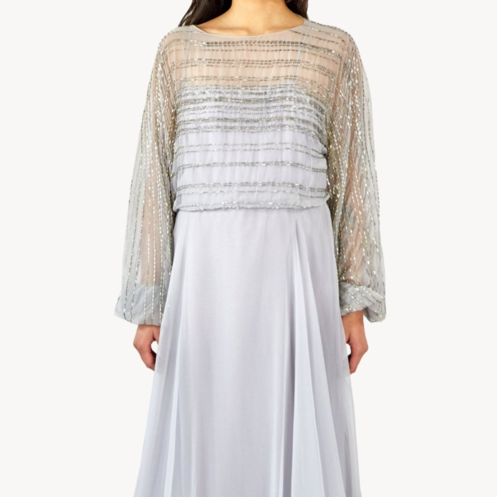 Bill Tice for Malcolm Starr Long Sleeve Sheer Beaded Gown Formal Grey periwinkle